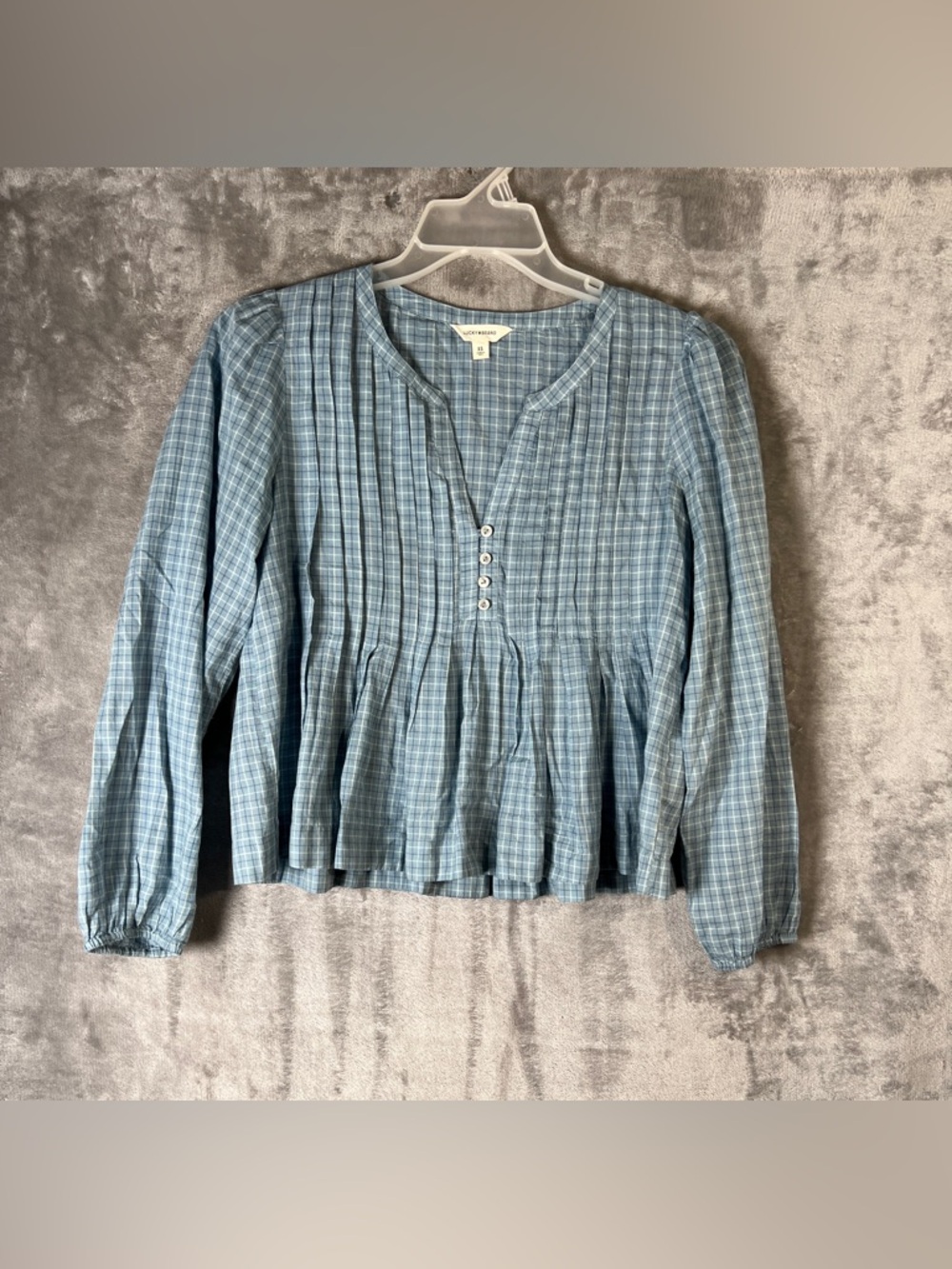 Lucky Brand Blue Plaid Pintuck Peasant Blouse